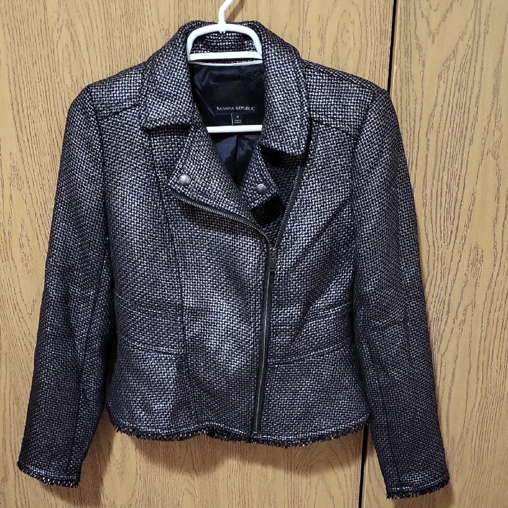 Banana Republic Women's Grey & Black Tweed Blazer Jacket Front Zipper Size 4